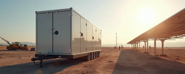 Vue éditoriale réaliste d'un site de chantier moderne alimenté par une unité de stockage batterie mobile et panneaux solaires, sans aucun texte, écran, logo ou marque.